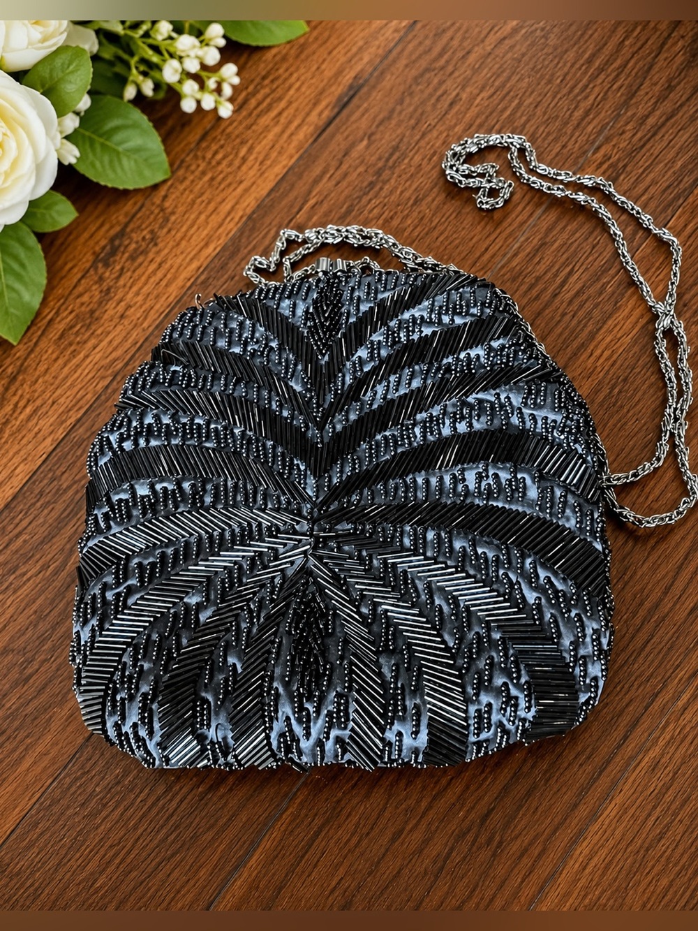 Vintage Black Beaded Evening Clutch with Silver Chain